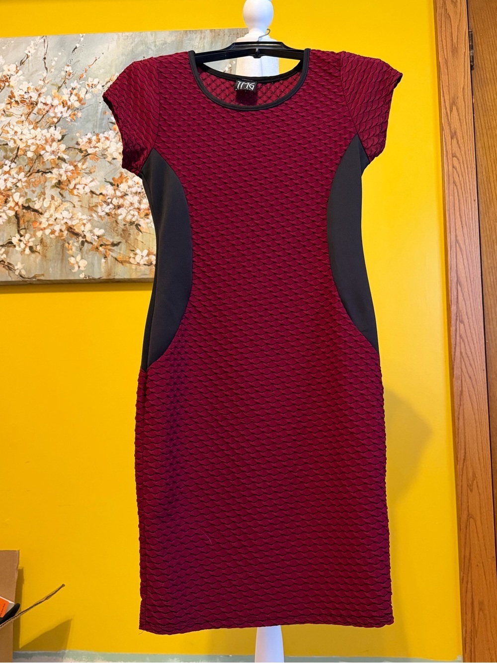 Burgundy Textured Sheath Dress with Black Side Panels